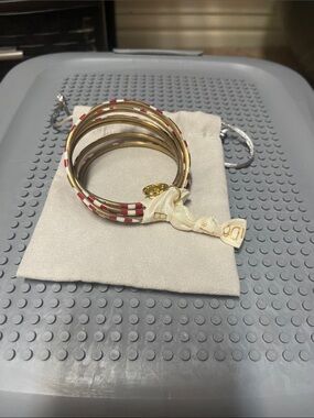 Gold Stackable Bangle Bracelet Set with Red and White Accents
